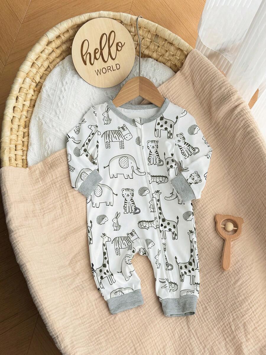 Cute Cartoon Bear Print Baby Zipper Romper for Newborn Boys and Girls