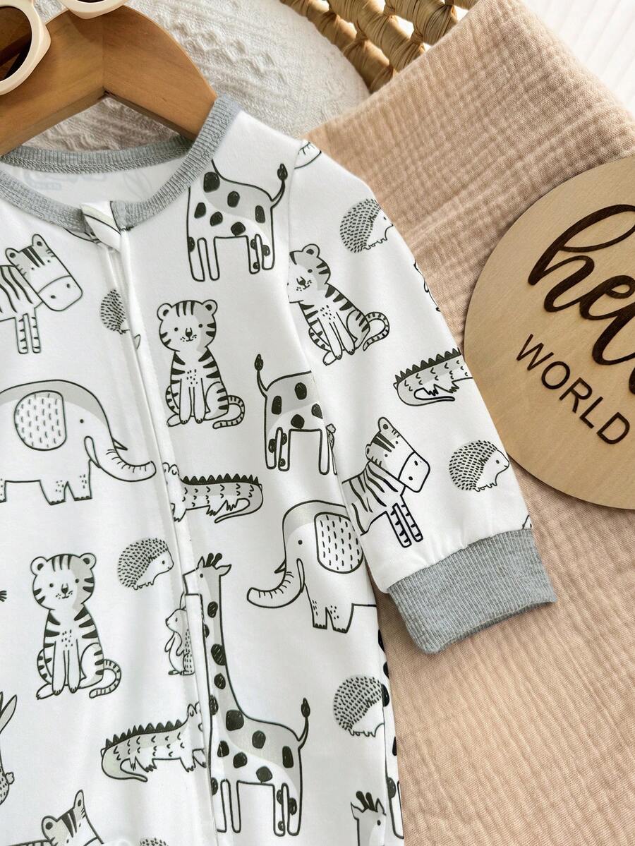 Cute Cartoon Bear Print Baby Zipper Romper for Newborn Boys and Girls