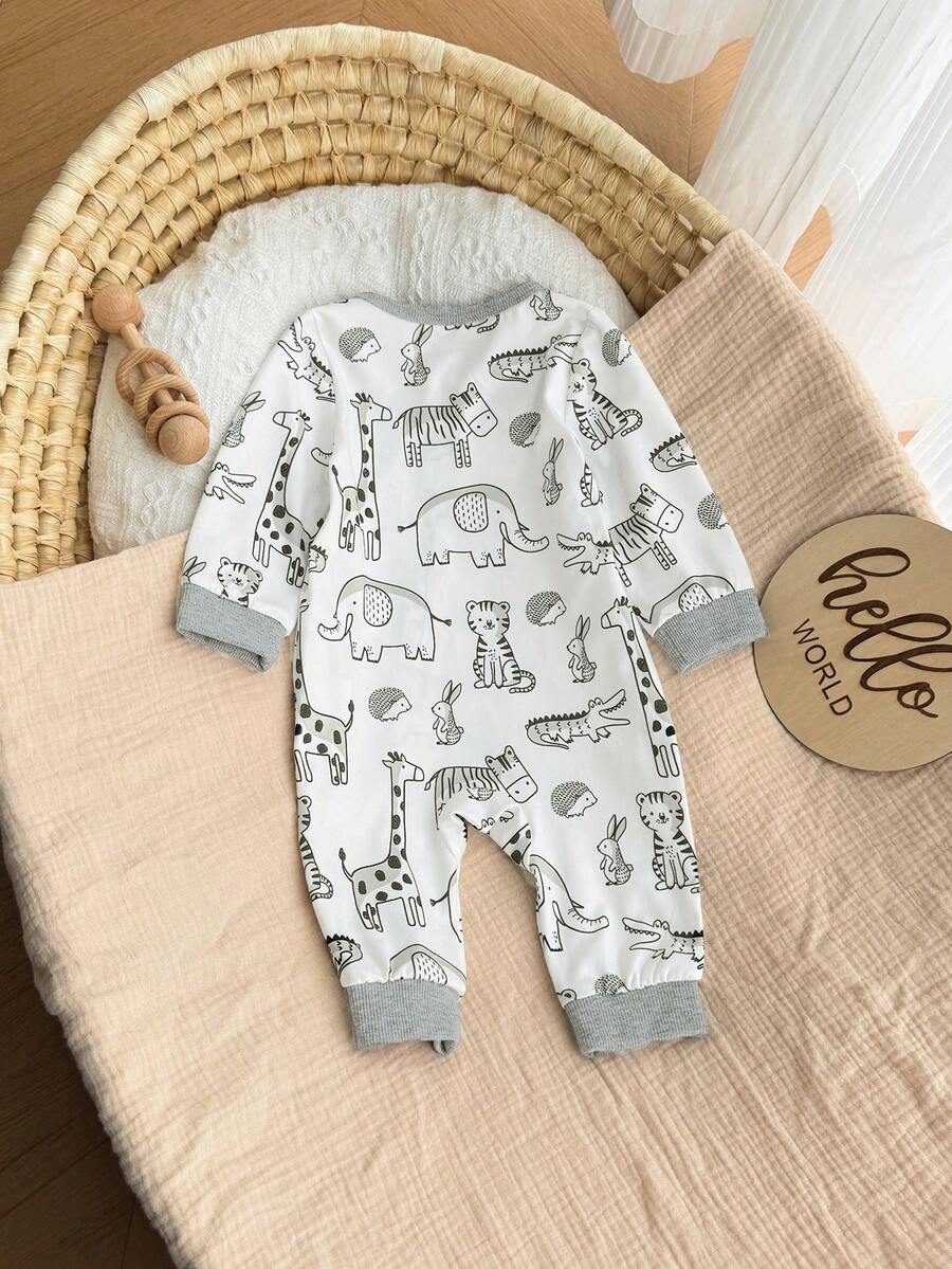 Cute Cartoon Bear Print Baby Zipper Romper for Newborn Boys and Girls