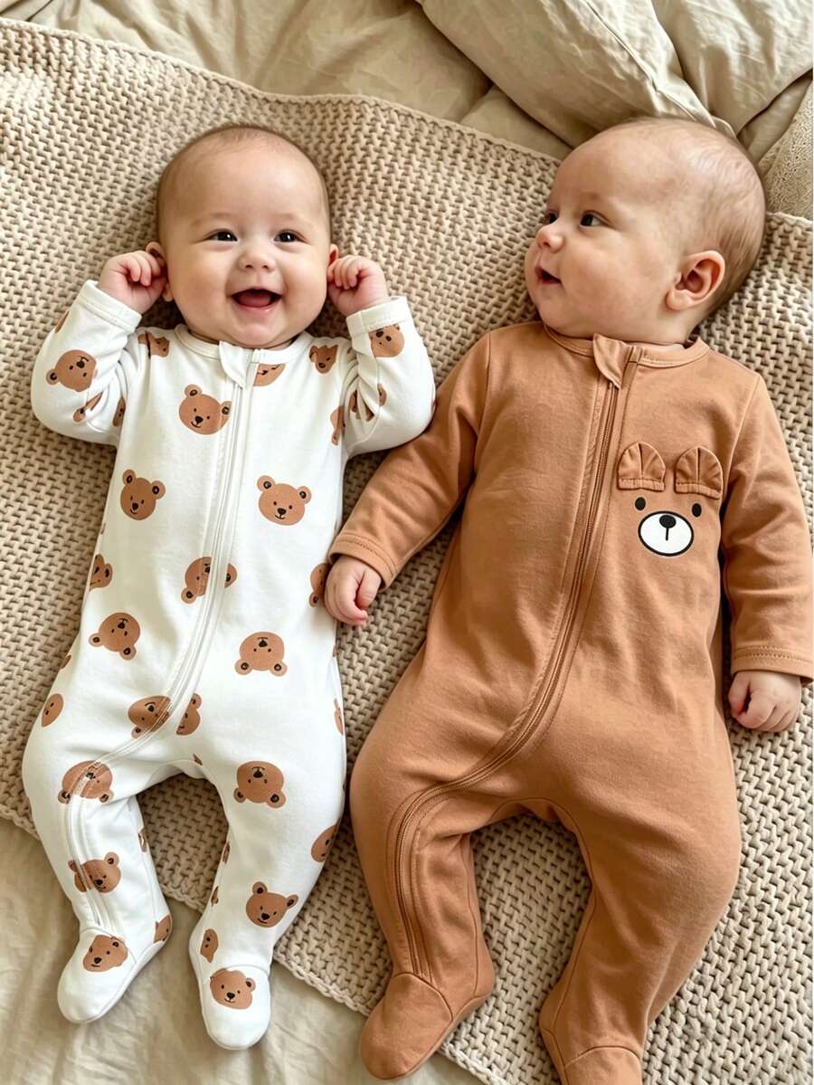 2PCS Baby Elephant Print Long Sleeve Romper Set for Cozy Autumn and Winter Wear