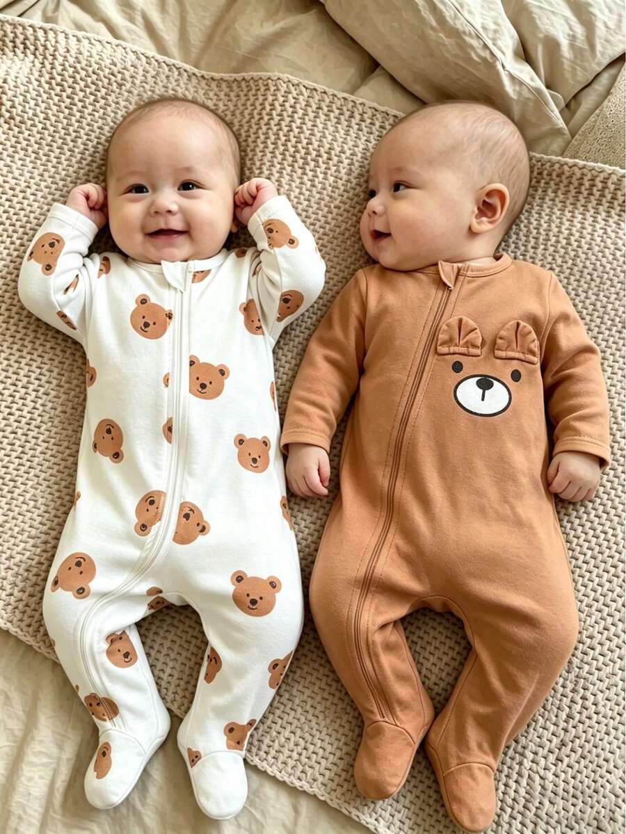 2PCS Baby Elephant Print Long Sleeve Romper Set for Cozy Autumn and Winter Wear