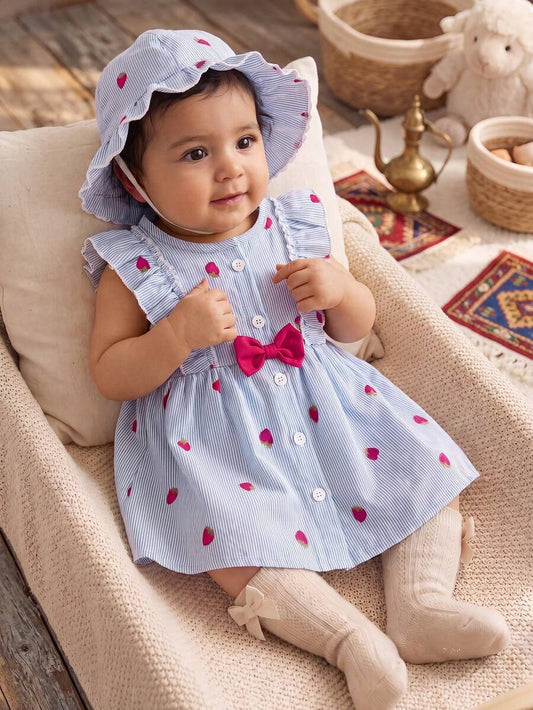 Baby Cherry Print Sleeveless Dress and Red Hat Set for Cute Summer Outings