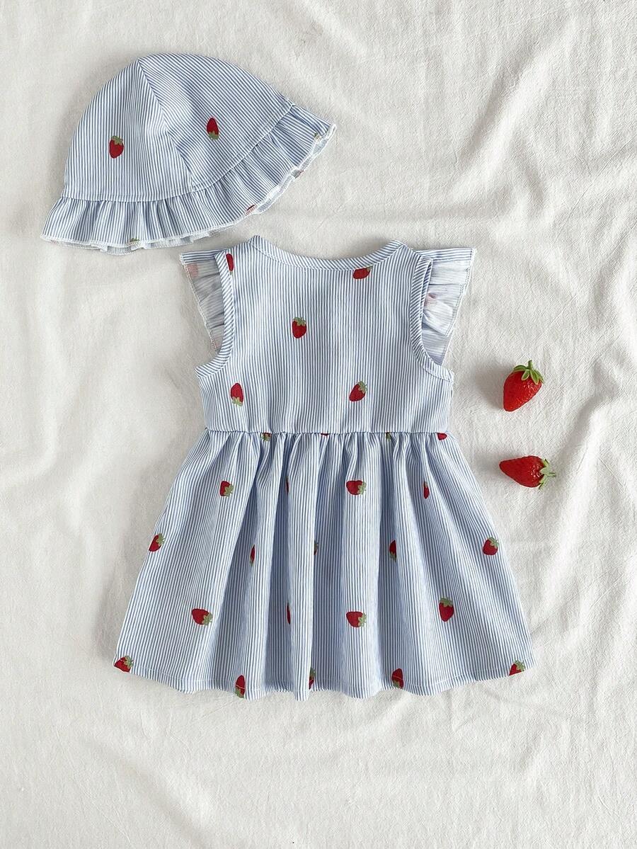 Baby Cherry Print Sleeveless Dress and Red Hat Set for Cute Summer Outings