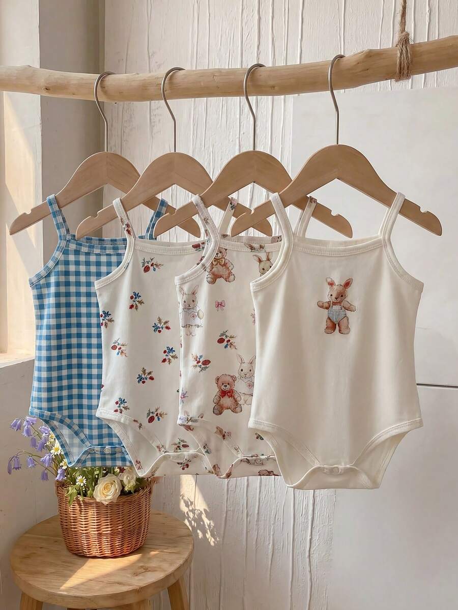 Baby Girl Ditsy Floral Rompers - Countryside Vintage Style 4 Piece Set