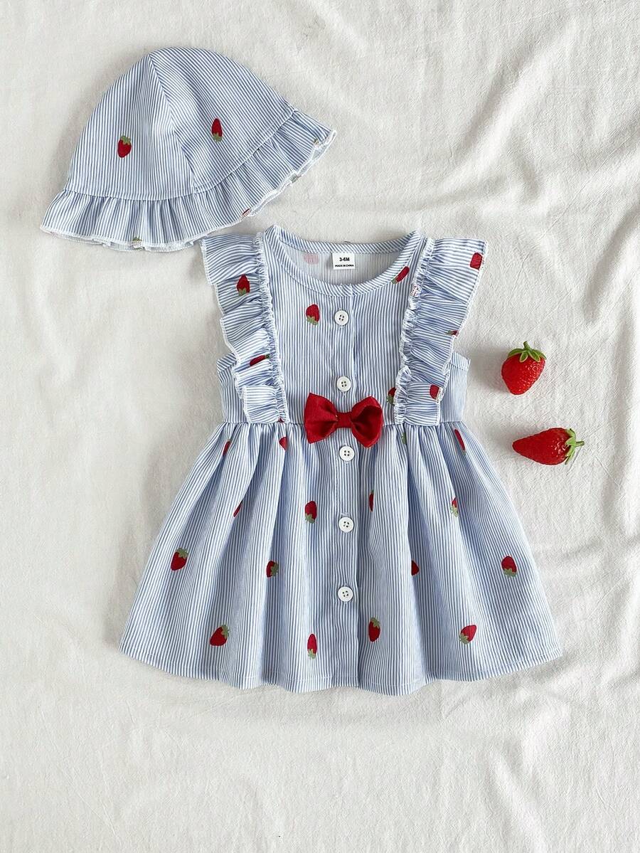 Baby Cherry Print Sleeveless Dress and Red Hat Set for Cute Summer Outings