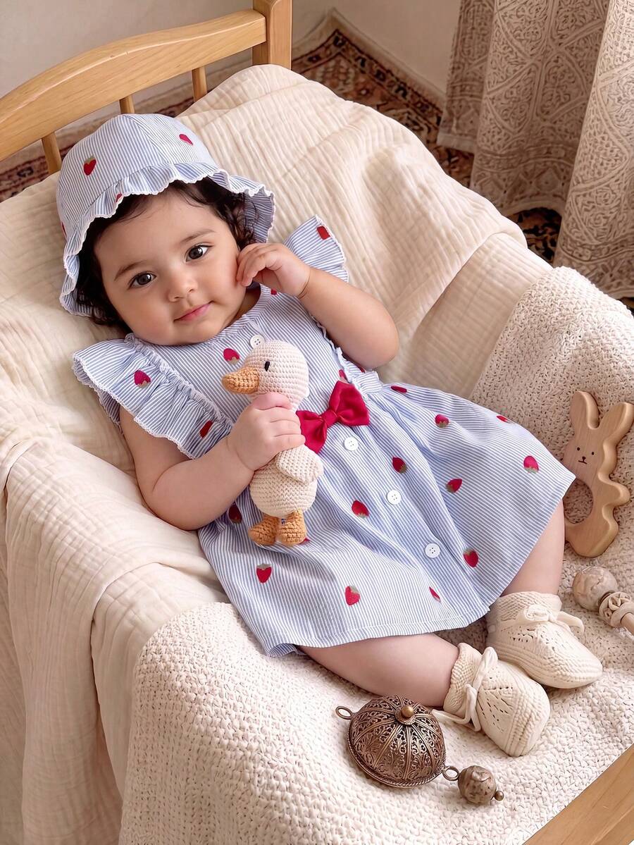 Baby Cherry Print Sleeveless Dress and Red Hat Set for Cute Summer Outings