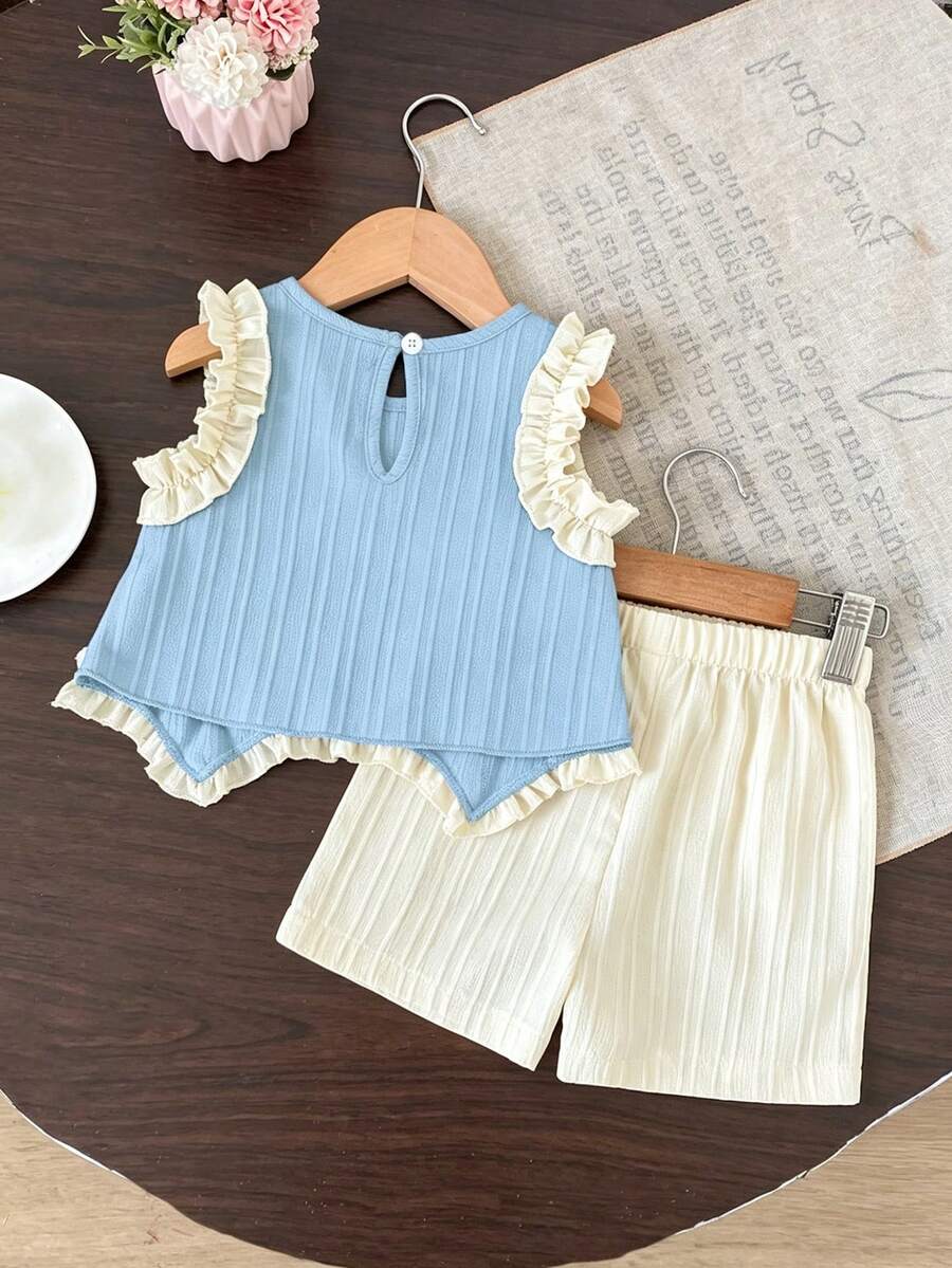 Light Green Vest Top And Apricot Shorts Set For Toddler Girls Vacation Wear
