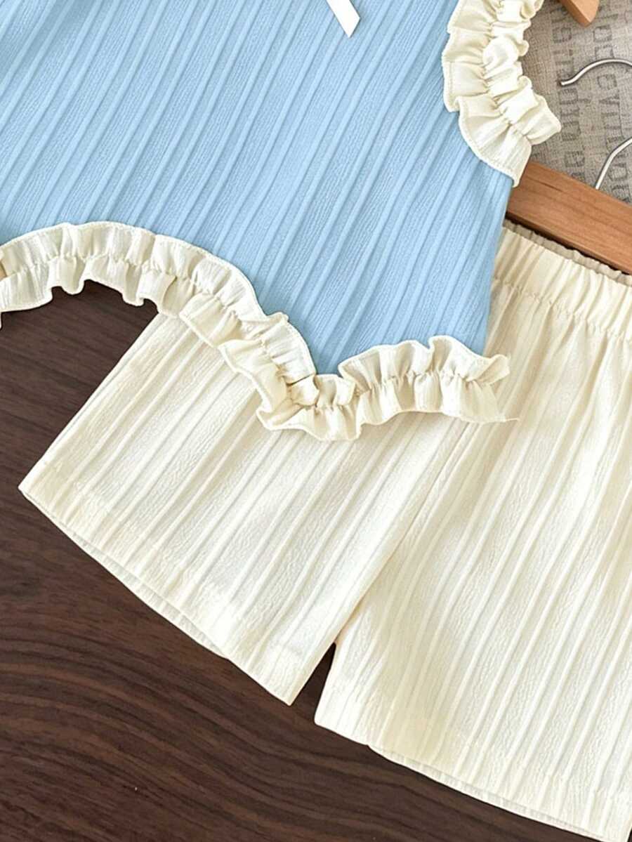 Light Green Vest Top And Apricot Shorts Set For Toddler Girls Vacation Wear