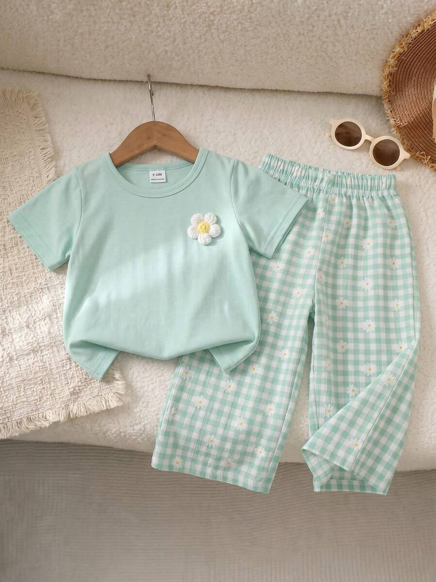 3D Floral T Shirt And Plaid Pants Set For Baby Girls Casual Cute Outfit