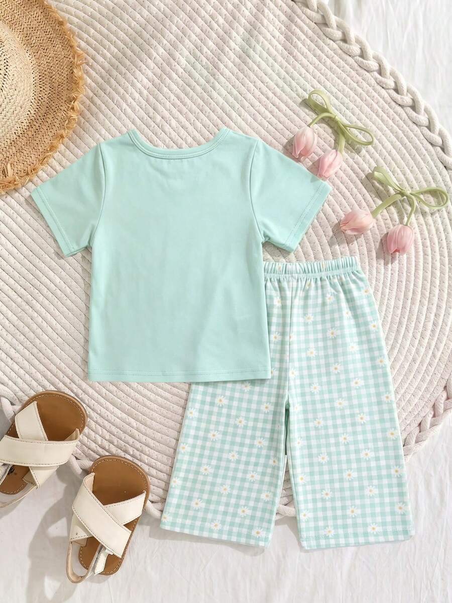3D Floral T Shirt And Plaid Pants Set For Baby Girls Casual Cute Outfit