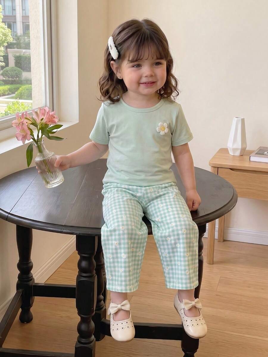 3D Floral T Shirt And Plaid Pants Set For Baby Girls Casual Cute Outfit