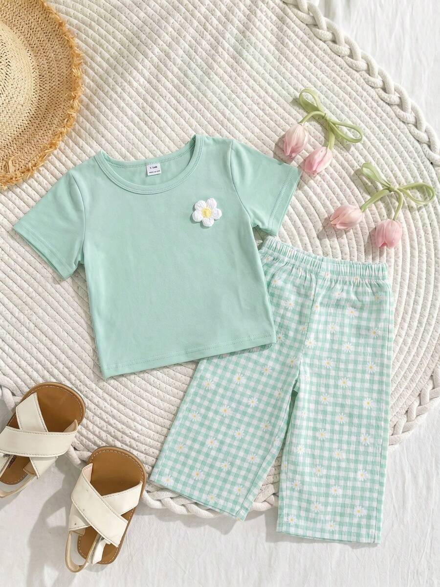3D Floral T Shirt And Plaid Pants Set For Baby Girls Casual Cute Outfit