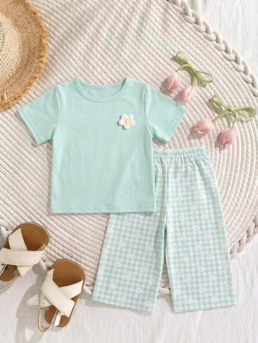 3D Floral T Shirt And Plaid Pants Set For Baby Girls Casual Cute Outfit