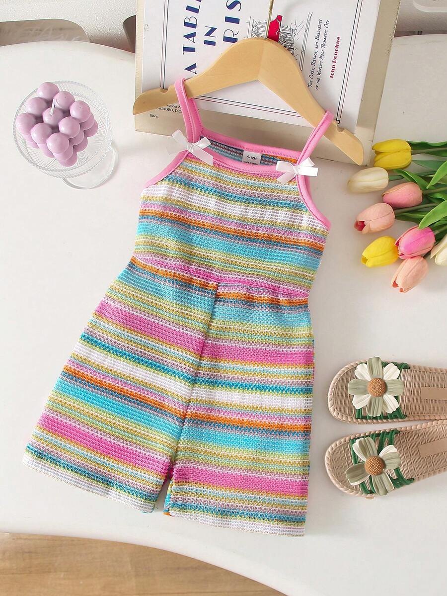 Cute Baby Girl Sleeveless Ribbed Short Jumpsuit With Bow Detail Casual Summer Wear