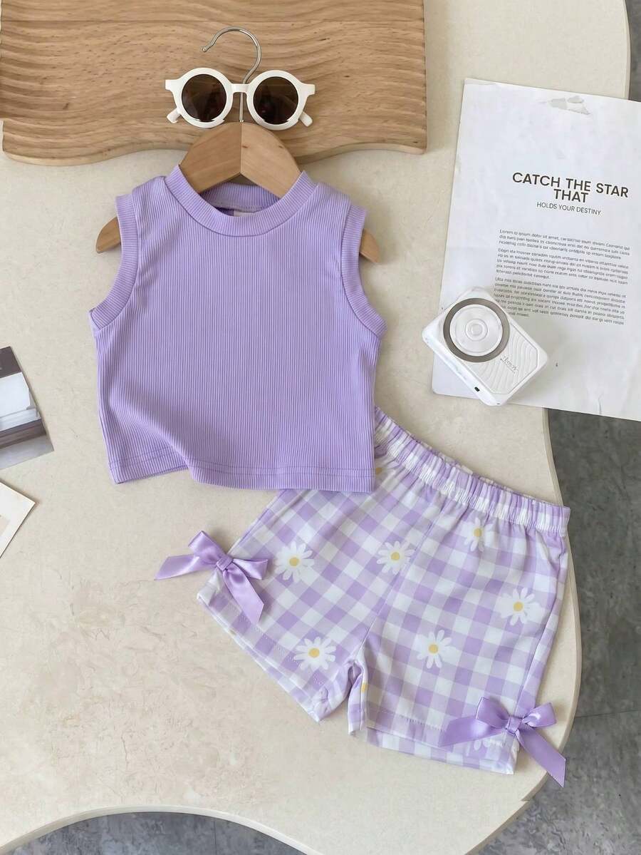 Baby Girl 2pcs Summer Blue Textured Top & Plaid Shorts Outfit