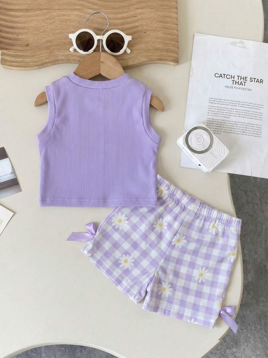 Baby Girl 2pcs Summer Blue Textured Top & Plaid Shorts Outfit