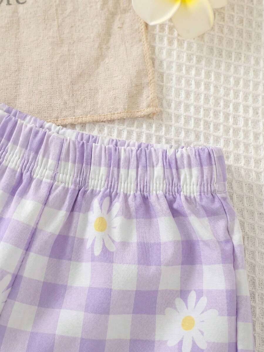 Baby Girl 2pcs Summer Blue Textured Top & Plaid Shorts Outfit