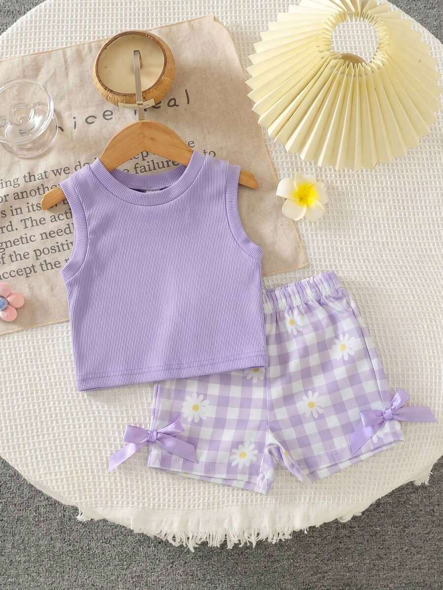 Baby Girl 2pcs Summer Blue Textured Top & Plaid Shorts Outfit
