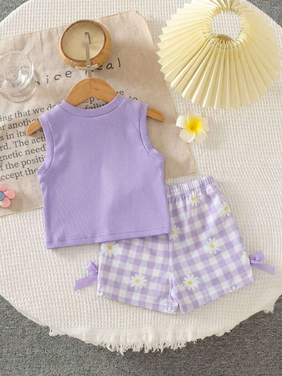 Baby Girl 2pcs Summer Blue Textured Top & Plaid Shorts Outfit