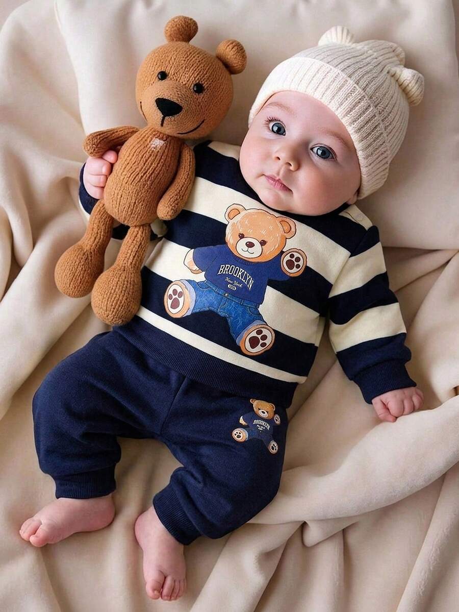 Baby Boy Black and White Striped Teddy Bear Top and Pants Set
