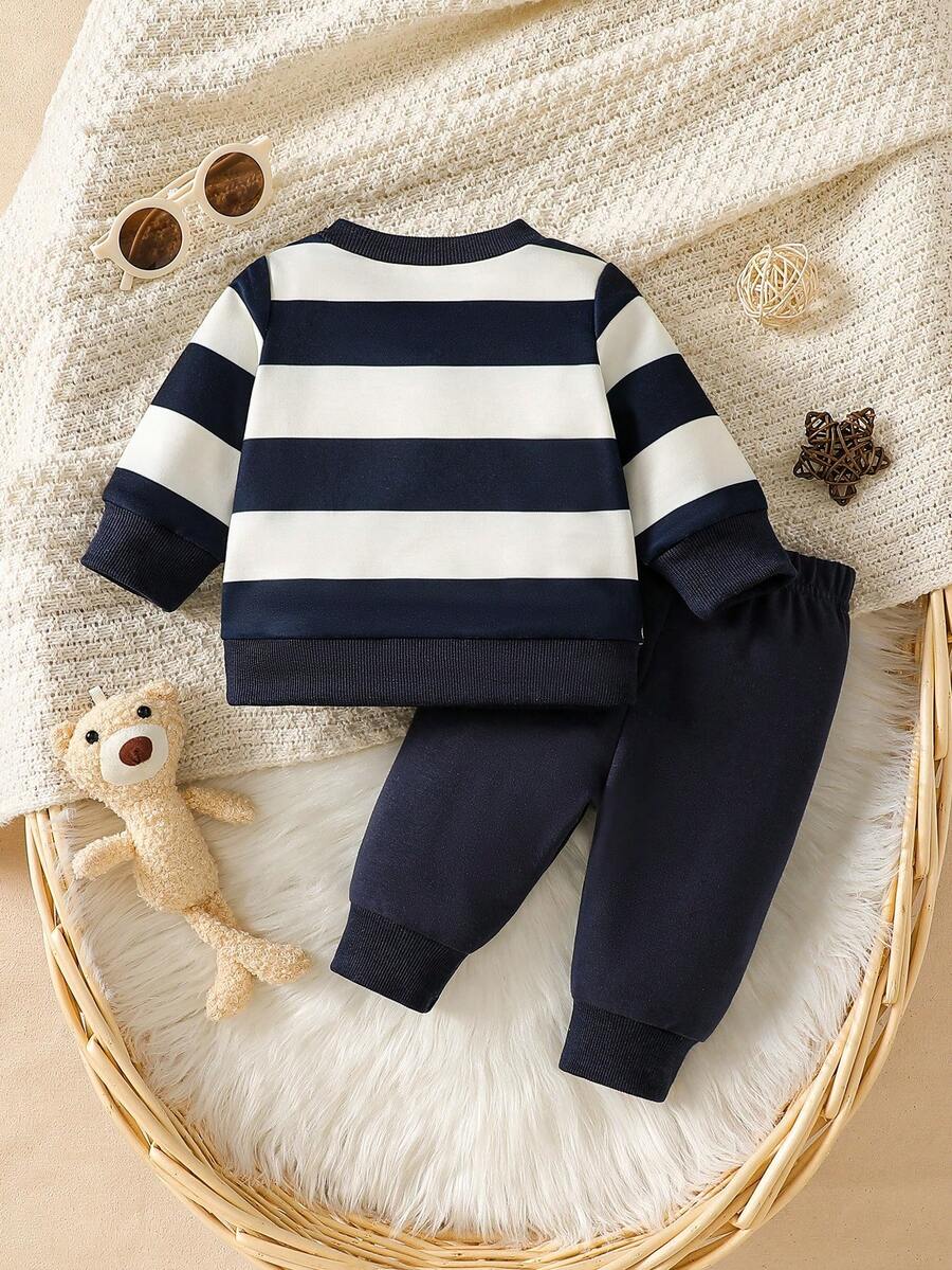 Baby Boy Black and White Striped Teddy Bear Top and Pants Set