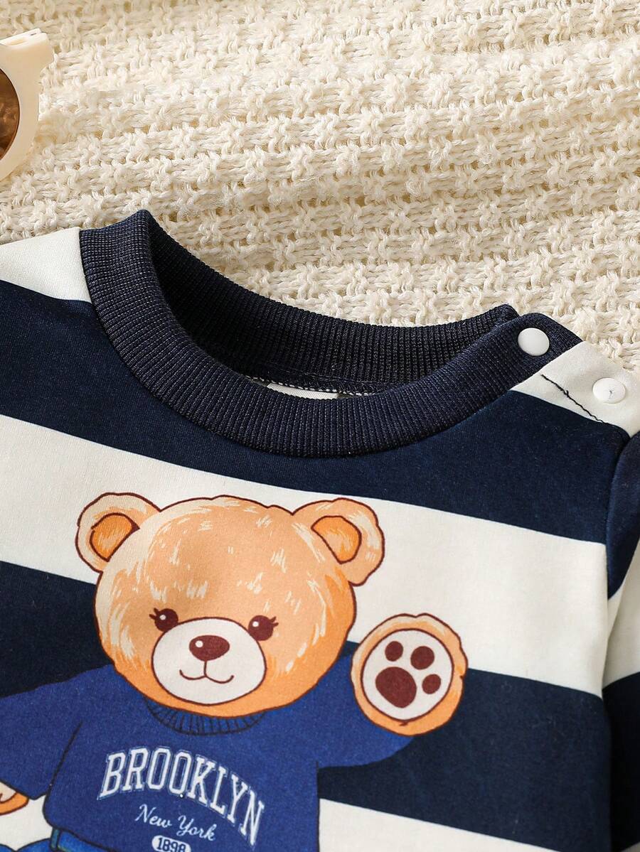 Baby Boy Black and White Striped Teddy Bear Top and Pants Set