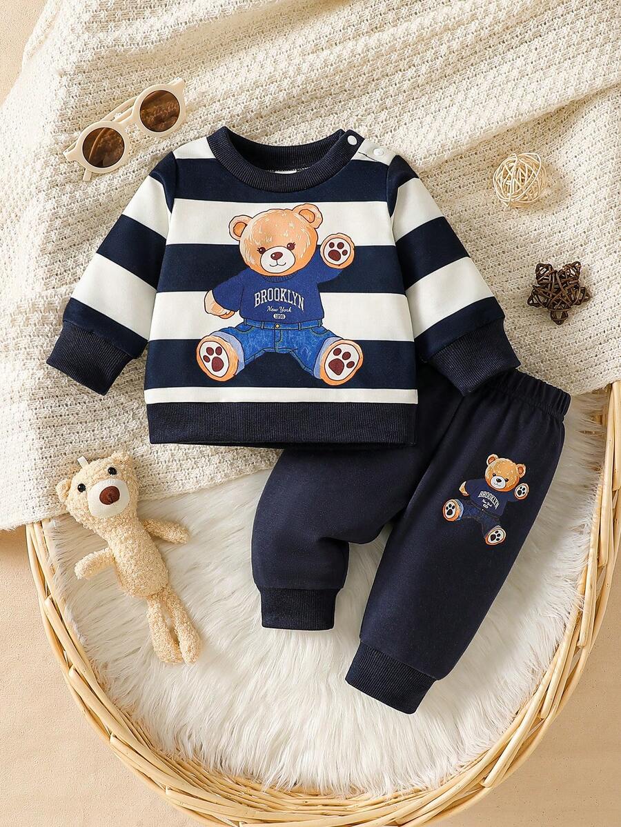 Baby Boy Black and White Striped Teddy Bear Top and Pants Set