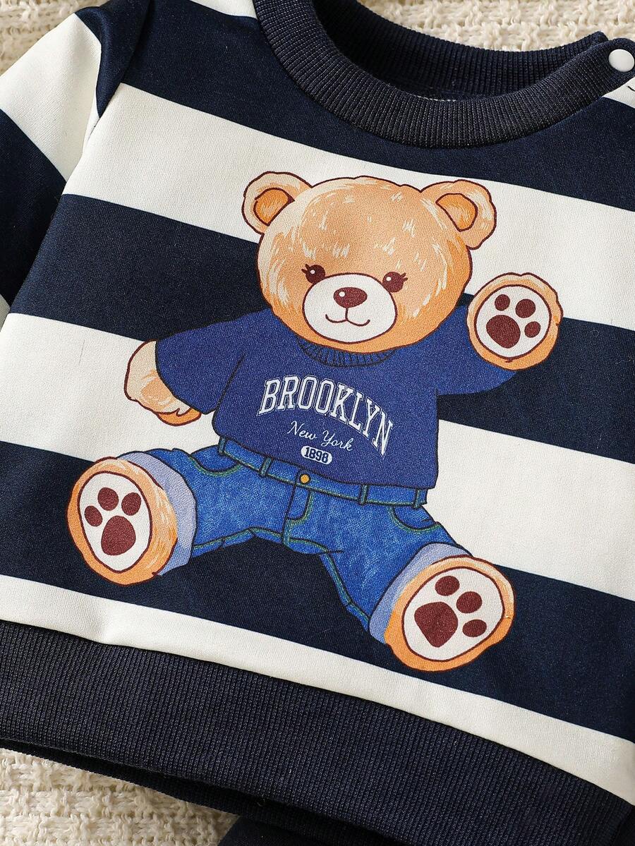 Baby Boy Black and White Striped Teddy Bear Top and Pants Set