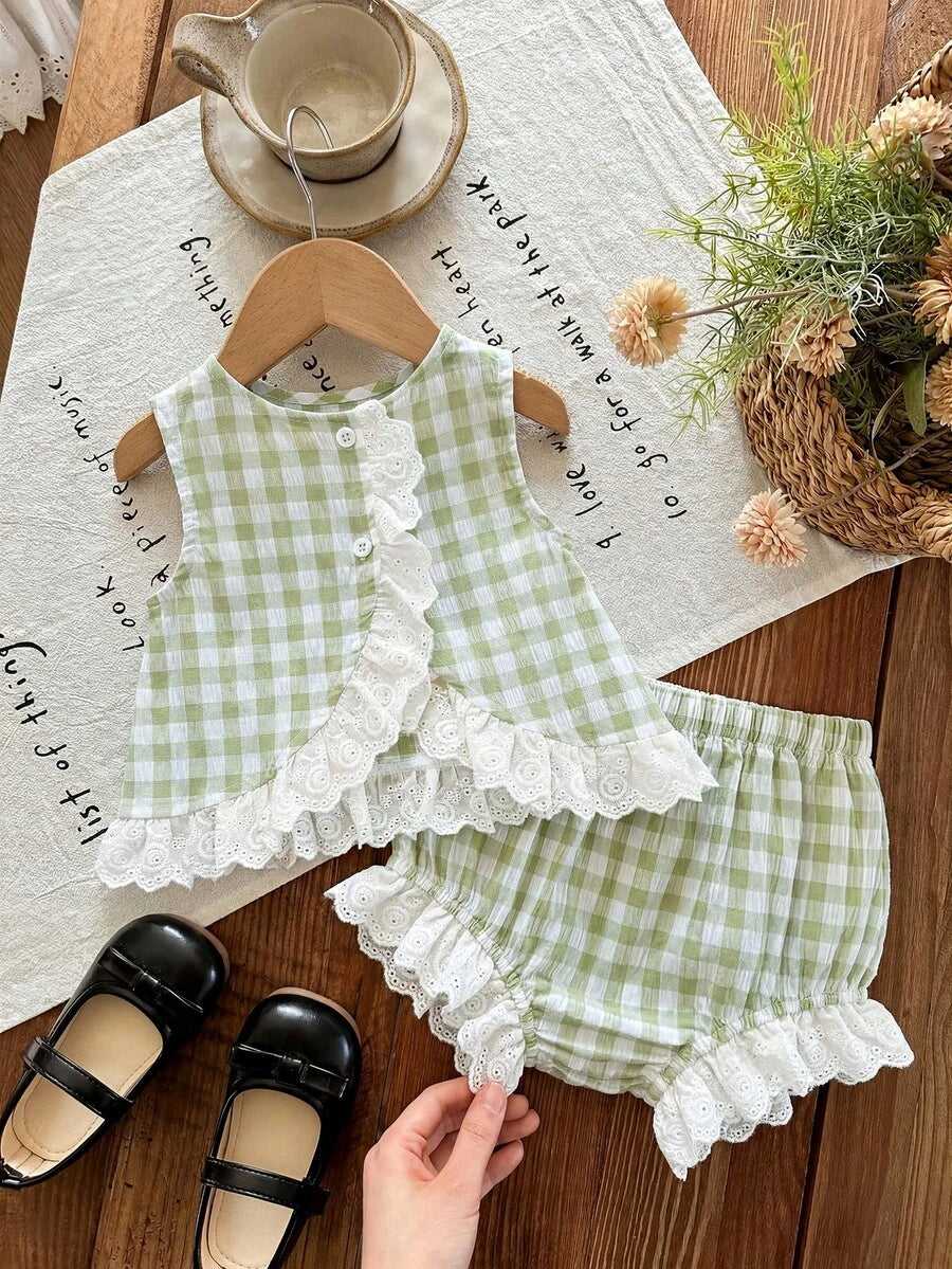 Plaid Bow Decor Outfit Set For Baby Girls Cute Ruffle Hem Summer Wear
