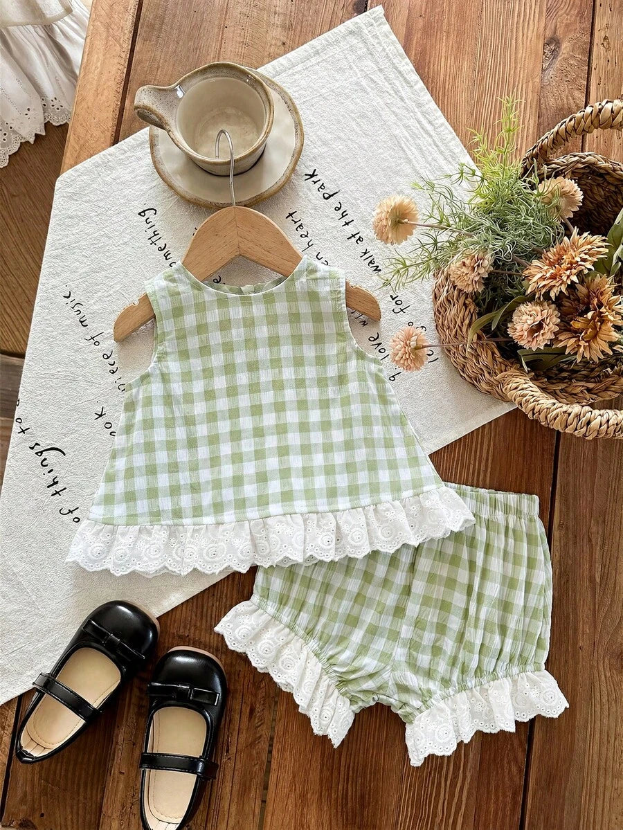 Plaid Bow Decor Outfit Set For Baby Girls Cute Ruffle Hem Summer Wear