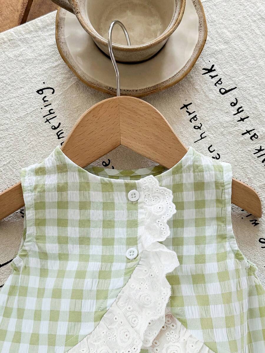 Plaid Bow Decor Outfit Set For Baby Girls Cute Ruffle Hem Summer Wear