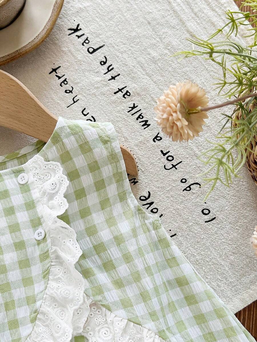 Plaid Bow Decor Outfit Set For Baby Girls Cute Ruffle Hem Summer Wear