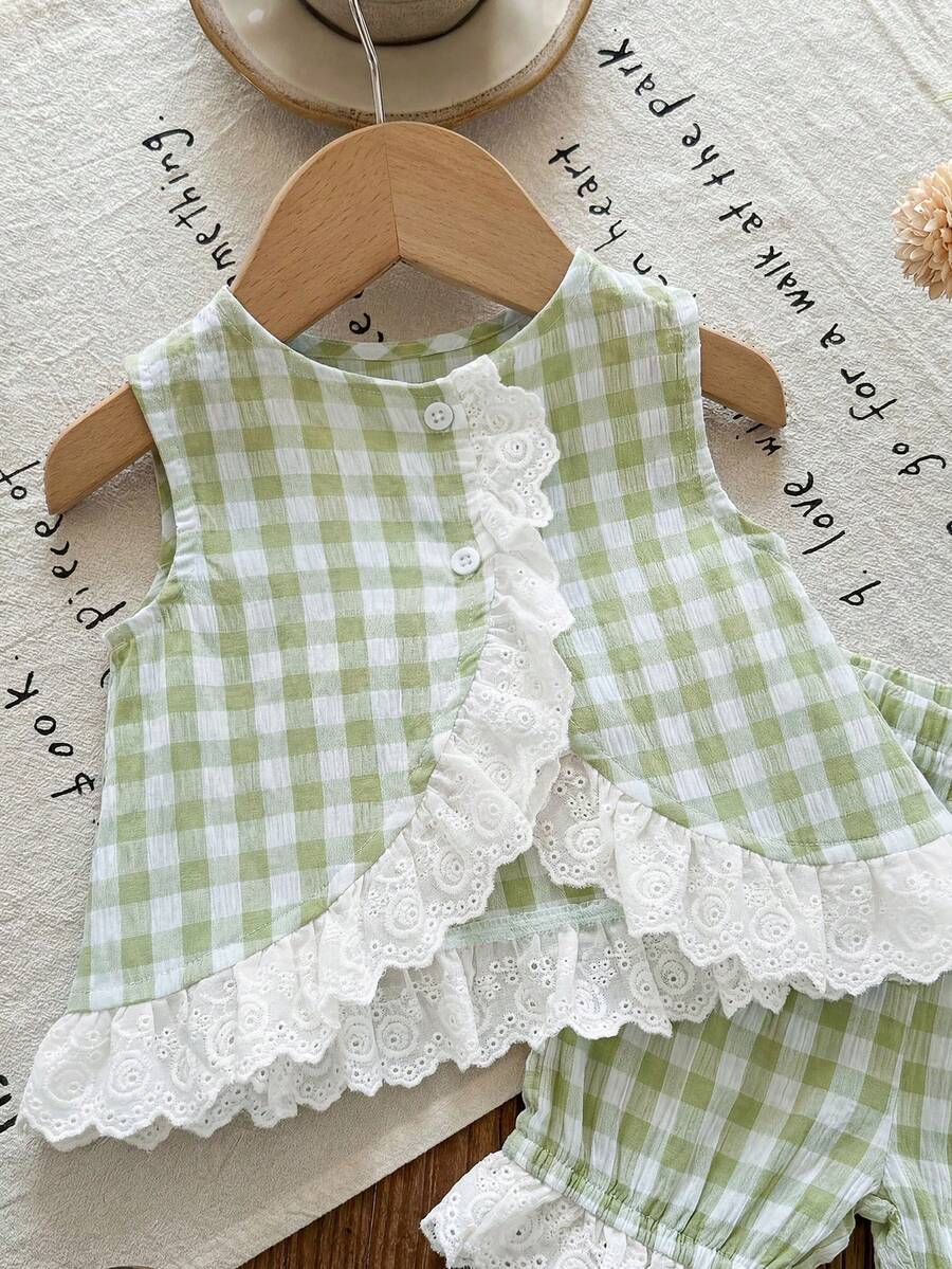 Plaid Bow Decor Outfit Set For Baby Girls Cute Ruffle Hem Summer Wear