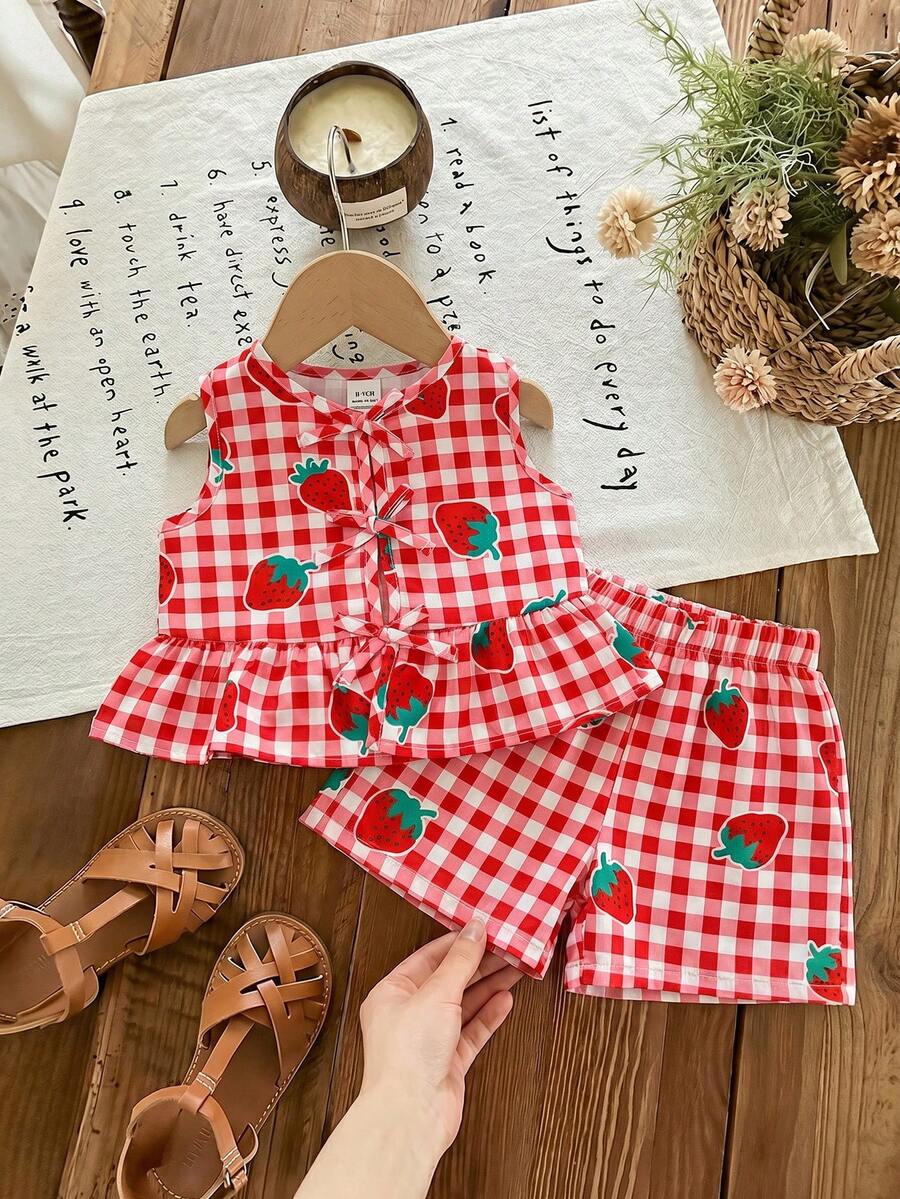 Plaid Bow Decor Outfit Set For Baby Girls Cute Ruffle Hem Summer Wear
