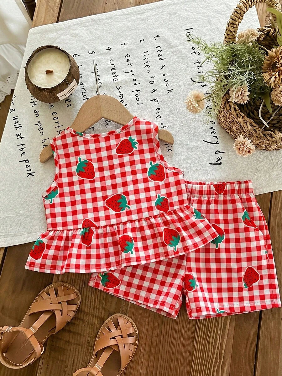 Plaid Bow Decor Outfit Set For Baby Girls Cute Ruffle Hem Summer Wear