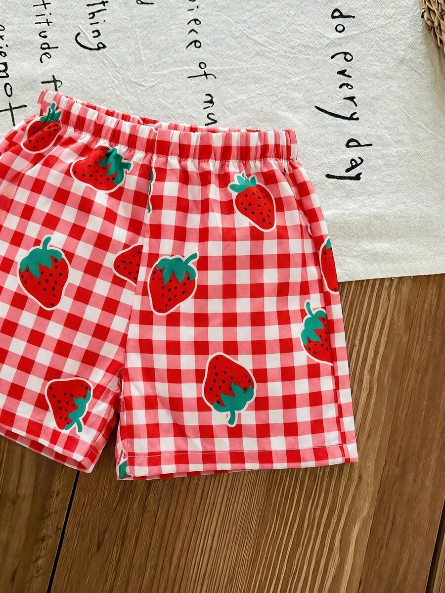 Plaid Bow Decor Outfit Set For Baby Girls Cute Ruffle Hem Summer Wear
