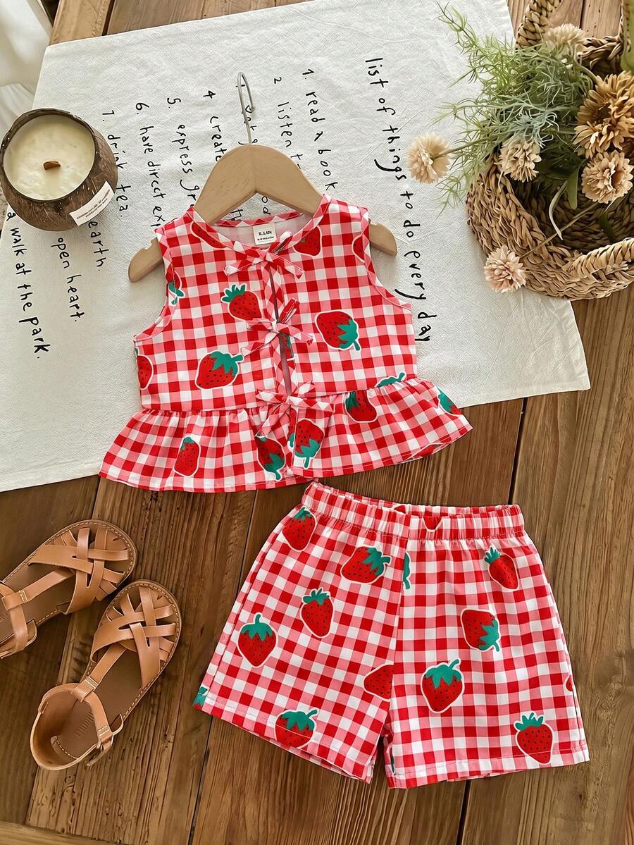 Plaid Bow Decor Outfit Set For Baby Girls Cute Ruffle Hem Summer Wear