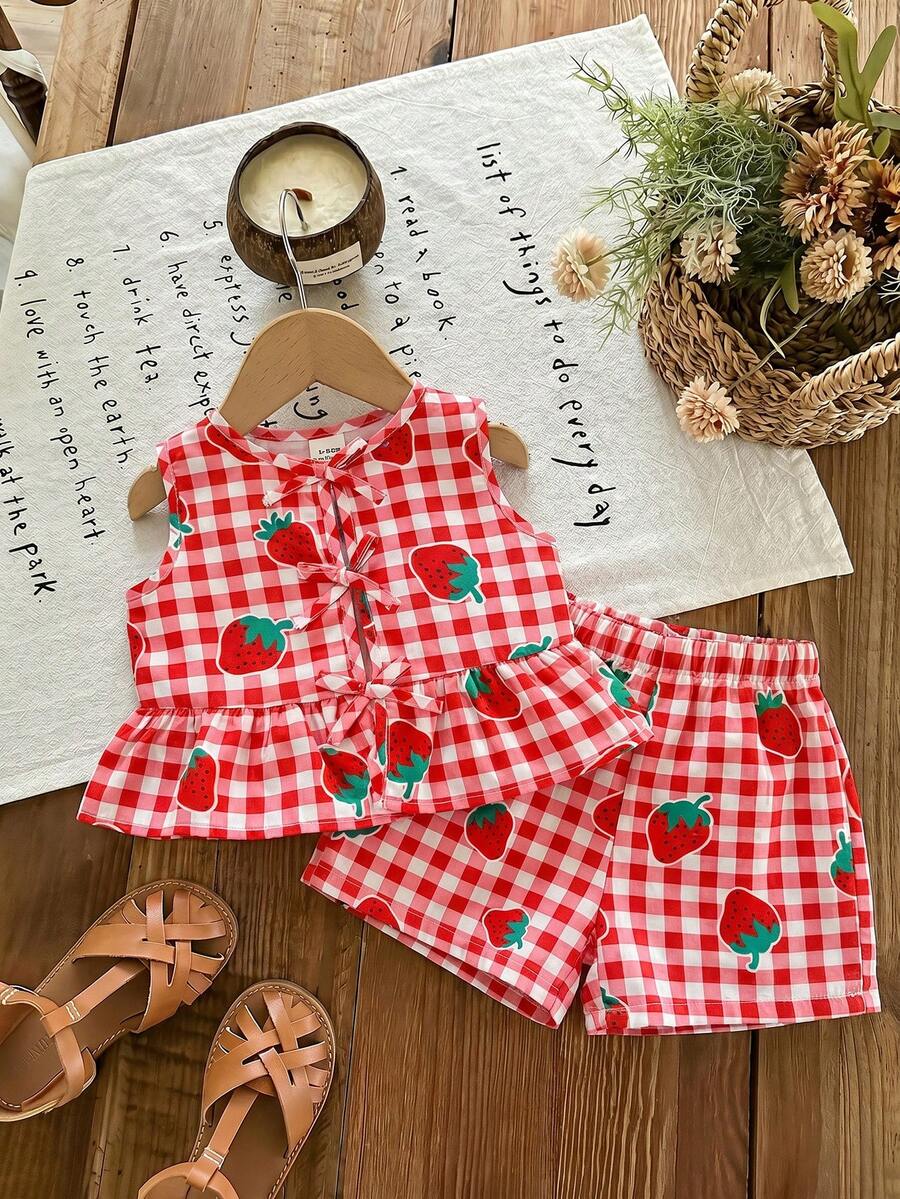 Plaid Bow Decor Outfit Set For Baby Girls Cute Ruffle Hem Summer Wear