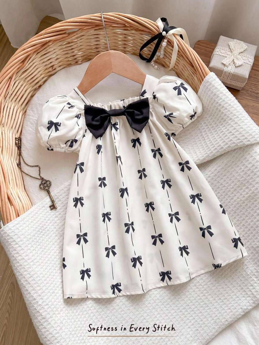 Baby Girl Plaid Bow Detail Short Sleeve Dress Cute Summer Vacation Outfit