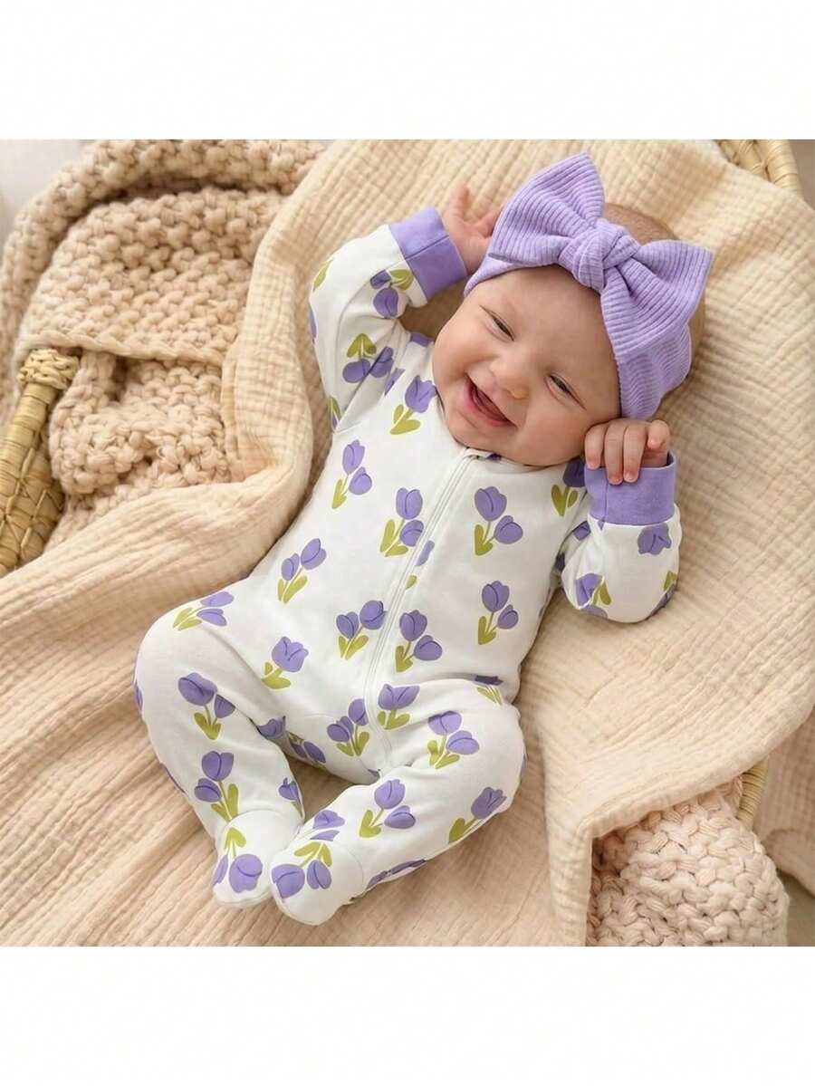 Floral Print Baby Girl Knit Romper with Long Sleeve Crew Neck Design
