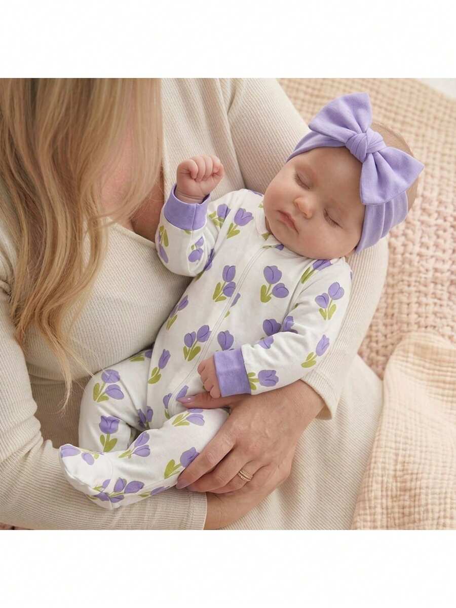 Floral Print Baby Girl Knit Romper with Long Sleeve Crew Neck Design
