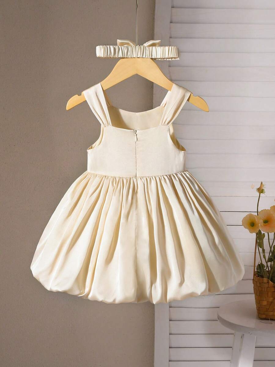 Baby Girl Pink Satin Bow Party Dress - Princess Elegant Style with Headband