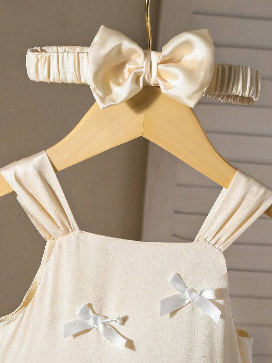 Baby Girl Pink Satin Bow Party Dress - Princess Elegant Style with Headband