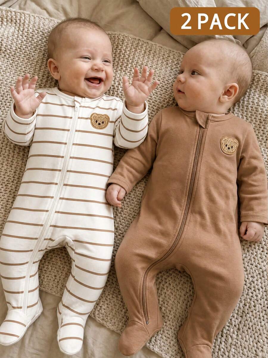 2PCS Baby Elephant Print Long Sleeve Romper Set for Cozy Autumn and Winter Wear