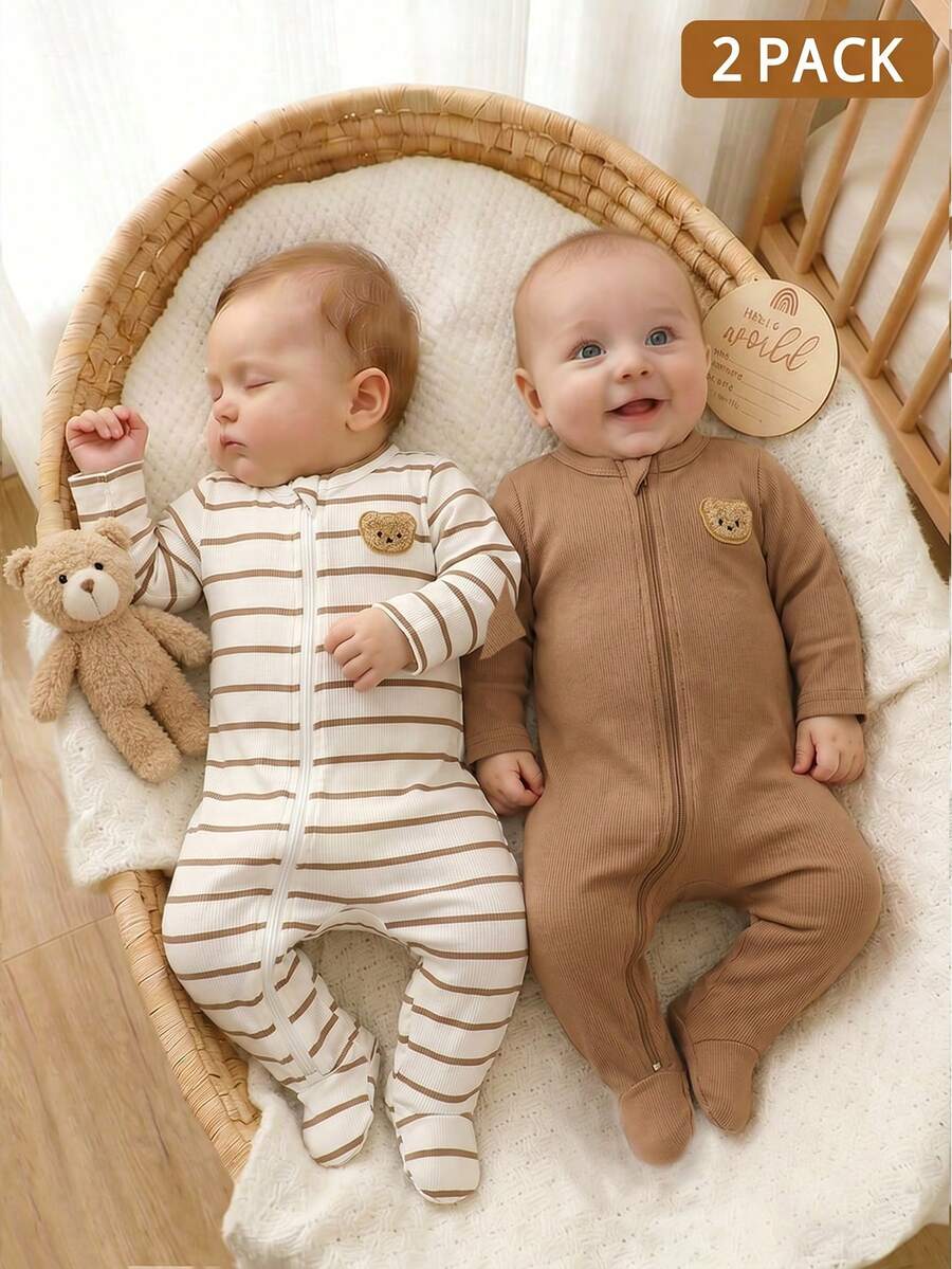 2PCS Baby Elephant Print Long Sleeve Romper Set for Cozy Autumn and Winter Wear