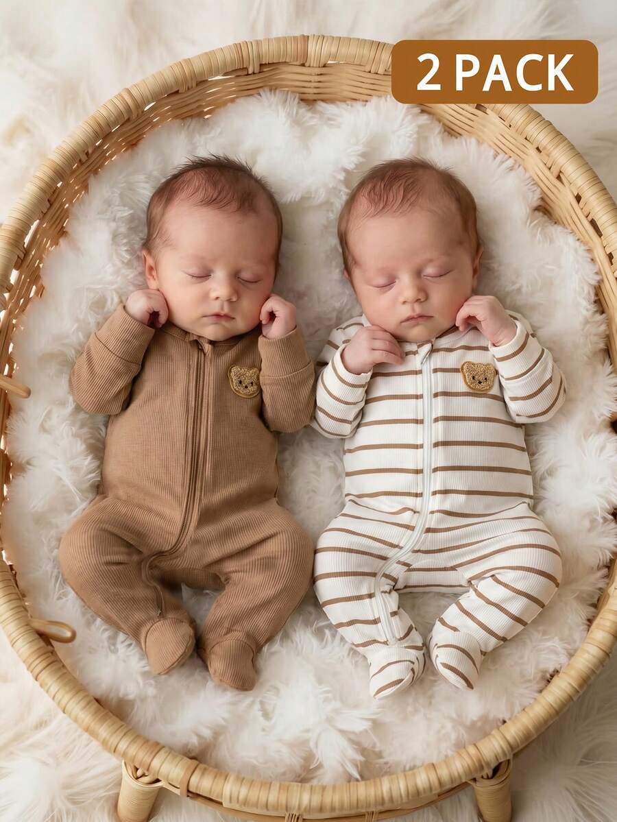 2PCS Baby Elephant Print Long Sleeve Romper Set for Cozy Autumn and Winter Wear