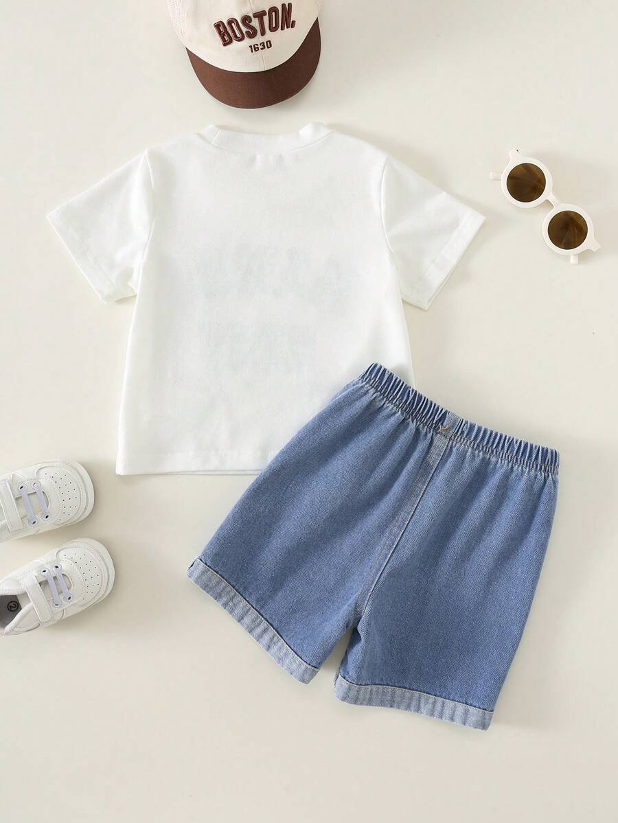 Baby Boy Black and White Striped T Shirt and Denim Shorts 2 Piece Casual Spring Summer Outfit Set
