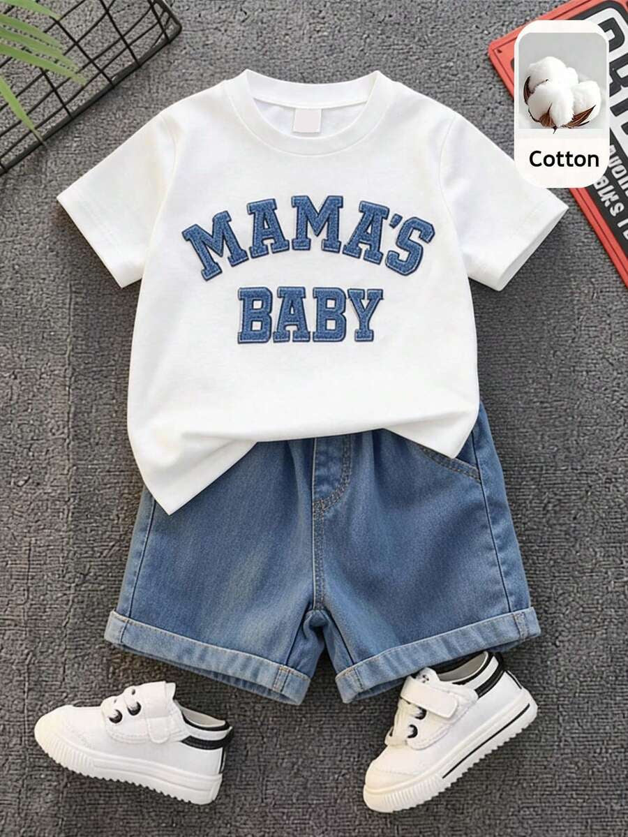 Baby Boy Black and White Striped T Shirt and Denim Shorts 2 Piece Casual Spring Summer Outfit Set