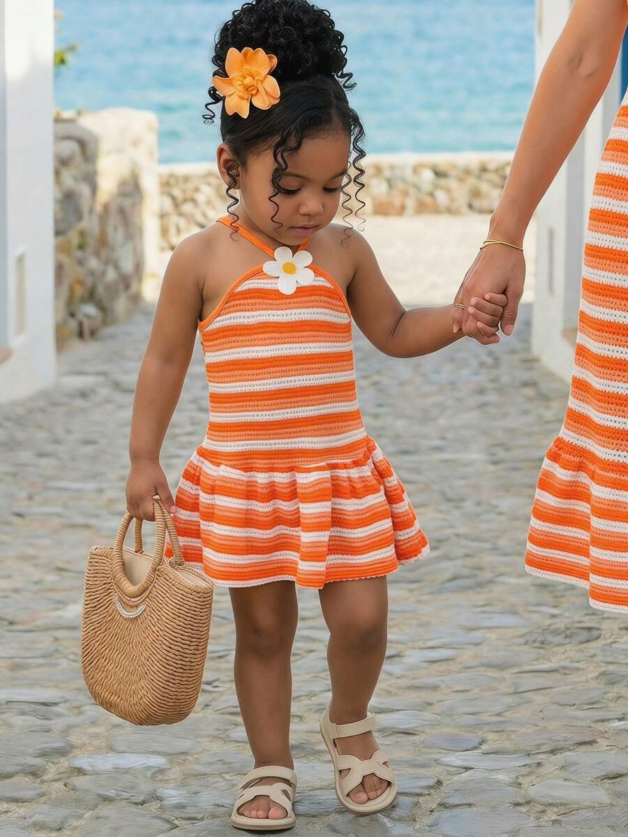 Striped Halter Dress With 3D Flower Detail Comfortable Summer Wear For Little Girls