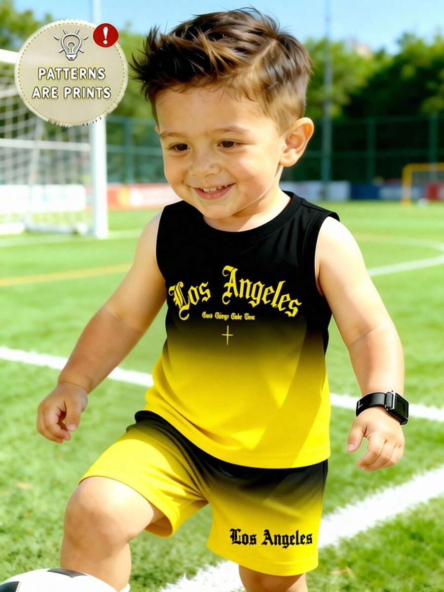 Baby Boy Gradient Logo Print Tank Top and Shorts 2 Piece Casual Summer Outfit Set